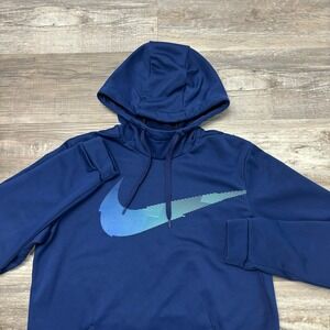 Nike Funnel Neck Blue Mens Medium Big Center Swoosh Dri-Fit Pullover Hoodie‎ EUC